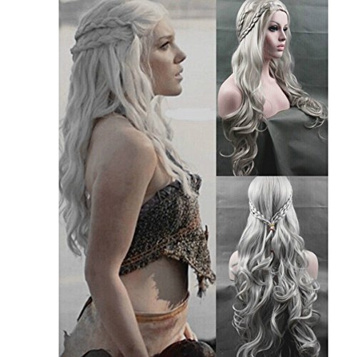 Morningsilkwig Princesa Juego de Tronos Daenerys Targaryen Dragón de Plata Ondulado Peluca Trenzas pelucas de cosplay Disfraces (Silver)