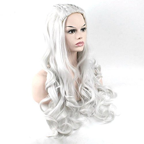 Morningsilkwig Princesa Juego de Tronos Daenerys Targaryen Dragón de Plata Ondulado Peluca Trenzas pelucas de cosplay Disfraces (Silver)