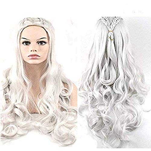 Morningsilkwig Princesa Juego de Tronos Daenerys Targaryen Dragón de Plata Ondulado Peluca Trenzas pelucas de cosplay Disfraces (Silver)