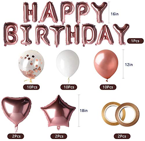 MOULLY Globos de Cumpleaños Oro Rosa, Decoración de Cumpleaños en Globo Oro Rosa, Guirnalda de Globos Happy Birthday, Globus de Confeti, Set de Decoraciones para Fiestas de Niñas y Mujeres