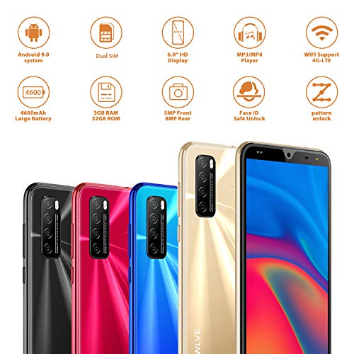 Moviles Libres 4G,6.0Pulgadas 3GB RAM 32GB ROM / 64GB Smartphone Libre Android 9.0 Face ID teléfonos móviles gratuitos, 8MP 4600mAh,Dual SIM Quad Core Moviles Buenos (Oro)