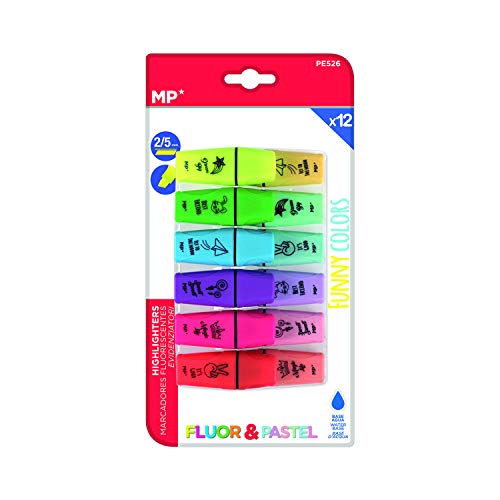 MP - Subrayadores Mini Color Pastel y Fluorescentes, Puntas Biseladas y Trazo - Estuche 12 Marcadores Multicolor