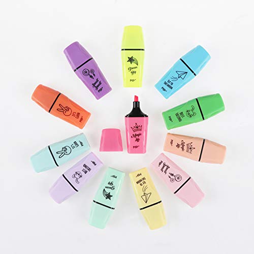 MP - Subrayadores Mini Color Pastel y Fluorescentes, Puntas Biseladas y Trazo - Estuche 12 Marcadores Multicolor