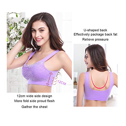 MSJ1988 Sujetador Deportivo de Encaje Floral para Mujer, sin Anillo de Acero Sujetador Deportivo extraíble para Gimnasio de Yoga (Carne + Morado, M)