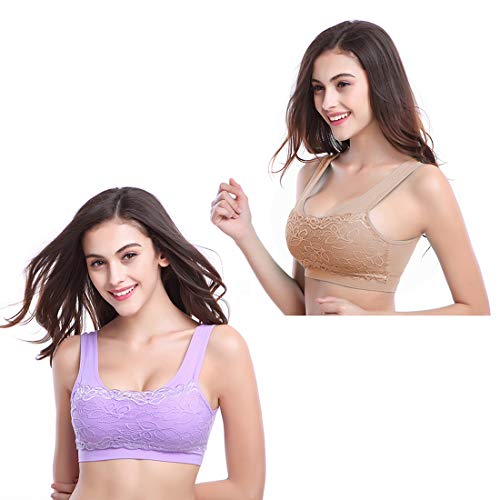 MSJ1988 Sujetador Deportivo de Encaje Floral para Mujer, sin Anillo de Acero Sujetador Deportivo extraíble para Gimnasio de Yoga (Carne + Morado, M)