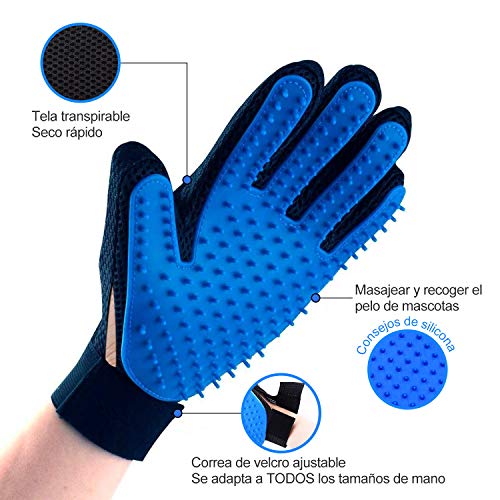 MUF Guante Pelo Gato/Perros 2PCS, Cepillo Perro Pelo Corto Transpirable-Guantes de Masaje para Perros/Gatos con Removedor de Pelo para Perros Mascotas Gatos Grooming-Mano Izquierda y Derecha (Azul)