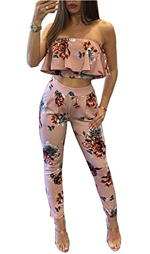 Mujer Dos Piezas Set Bandeau Top Y Pantalones De Cintura Alta Verano Vintage Elegantes Floreadas Basic Ropa con Volantes Sin Mangas Sin Tirantes Camisas Sin Barriga Y Pantalon Ropa