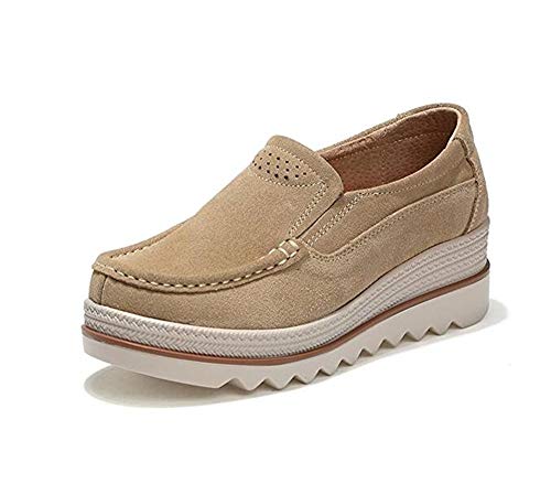 Mujer Mocasines Plataforma Casual Loafers Primavera Verano Zapatos de Cuña 5cm Negro Azul Caqui 35-42 Caqui 38