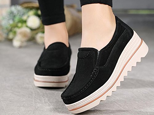 Mujer Mocasines Plataforma Casual Loafers Primavera Verano Zapatos de Cuña 5cm Negro Azul Caqui 35-42 Negro 38