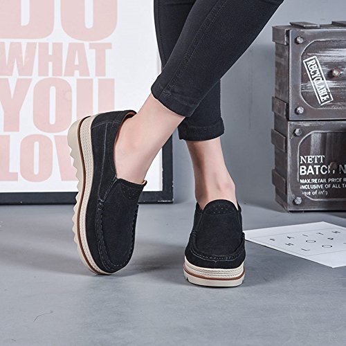 Mujer Mocasines Plataforma Casual Loafers Primavera Verano Zapatos de Cuña 5cm Negro Azul Caqui 35-42 Negro 38