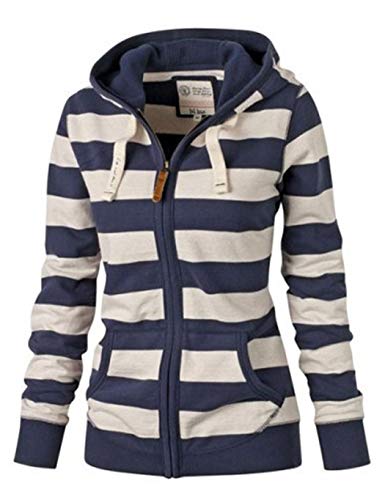 Mujer Sudaderas con Capucha Casuales Sudadera de Algodón a Rayas de Manga Larga Suéter con Cierre de Cremallera Suave Tops con Bolsillos
