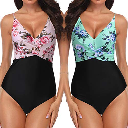 Mujeres One Piece Estampado de Flores Ojo de la Cerradura de Malla Halter Plunge Monokini Fruncido Traje de baño Mujer Tallas Grandes Vendaje de impresión Sujetador Acolchado Bikini 2019 Moda New