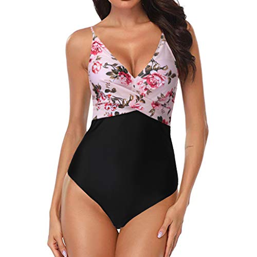 Mujeres One Piece Estampado de Flores Ojo de la Cerradura de Malla Halter Plunge Monokini Fruncido Traje de baño Mujer Tallas Grandes Vendaje de impresión Sujetador Acolchado Bikini 2019 Moda New