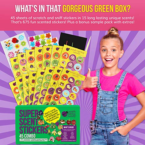 Multipack de 45 Hojas de Pegatinas para Rascar y Oler de Purple Ladybug Stickers de Colores Divertidísimos para Niños y Profesores - 15 Intensos Aromas para Disfrutar Haciendo Manualidades