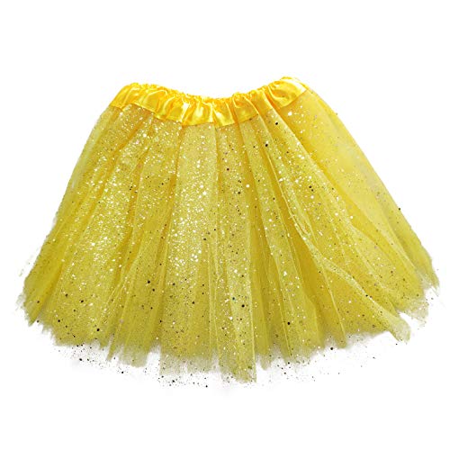 MUNDDY Tutu Elastico Tul 3 Capas 30 CM de Longitud para niña Bebe Distintas Colores Falda Disfraz Ballet (Amarillo con Purpurina)