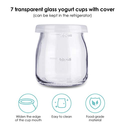 MVPower Yogurtera con Termostato Ajustable y Temporizador, 7 Tarros de 180ml, Máquina para Yogur Natural con Pantalla LCD, 20W