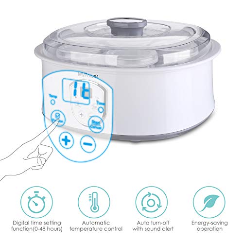 MVPower Yogurtera con Termostato Ajustable y Temporizador, 7 Tarros de 180ml, Máquina para Yogur Natural con Pantalla LCD, 20W