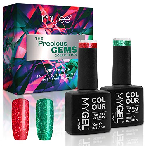 Mylee Colección Gemas Preciosas, Set Exclusivo navideño de colores MYGEL, Kit de esmaltes de uñas en gel con LED UV, rojo rubí y verde esmeralda brillante