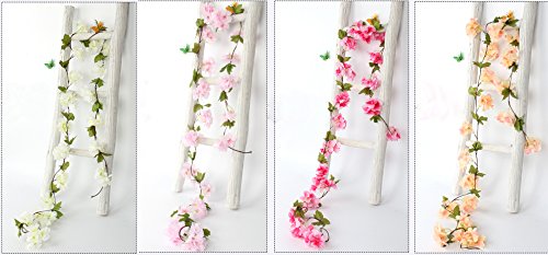MZMing 2piecesx235cm Artificial Cereza Colgando Vid Flor Artificial Brote Flor Planta Artificial Flor Vid Hojas Para Familia Jardín Fiesta Cerca Decoración de la Boda-Blanco