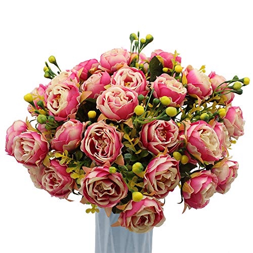 MZMing [4 Piezas] Flores de Peonía Artificial Flor de Peonía Falsa Arreglos Florales Ramo de Novia Flor de Seda con Brotes y Hojas para Casa Cocina Oficina Jardín Boda Fiesta Decoración - Rosado