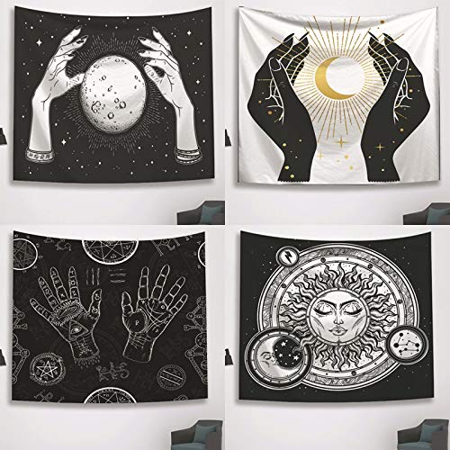 N / A Tapicería psicodélica en Blanco y Negro brujería Tapiz de Mano Tapiz Luna Sol Estrella Estampado Tarot Carta Manta tapicería decoración del hogar Tapiz Tapiz A19 150x200cm