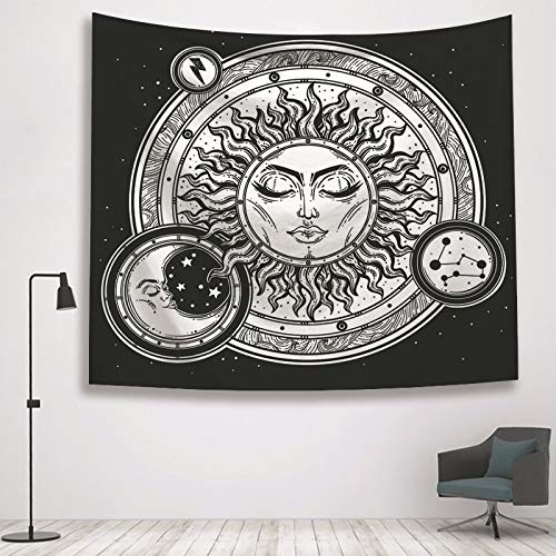 N / A Tapicería psicodélica en Blanco y Negro brujería Tapiz de Mano Tapiz Luna Sol Estrella Estampado Tarot Carta Manta tapicería decoración del hogar Tapiz Tapiz A19 150x200cm