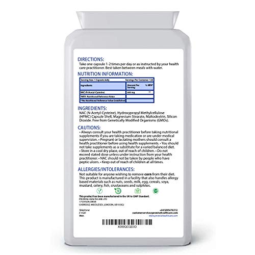 NAC N-Acetil-Cisteína 600 mg 120 cápsulas - Fabricado en el Reino Unido | Estándares GMP de Prowise Healthcare | Apto para vegetarianos y veganos.