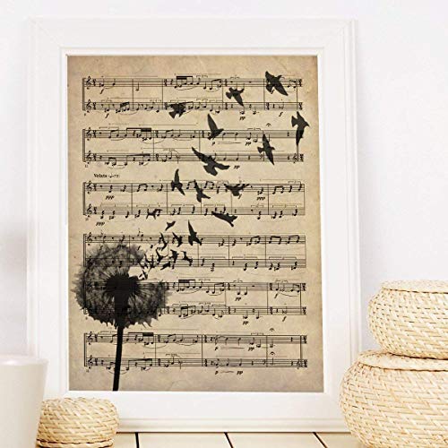 Nacnic Lámina Diente de león sobre partitura. Poster con imágenes de la Naturaleza.Lámina para enmarcar sobre partitura. Decoración de hogar.Impresa en Papel 250 Gramos
