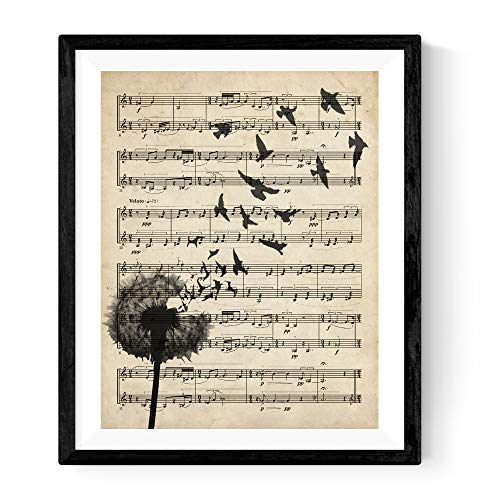 Nacnic Lámina Diente de león sobre partitura. Poster con imágenes de la Naturaleza.Lámina para enmarcar sobre partitura. Decoración de hogar.Impresa en Papel 250 Gramos