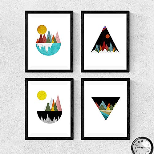 Nacnic Set de 4 láminas para enmarcar, Cuatro Posters con imágenes de Montañas geométricas. Láminas Estilo nordico. Decoración de hogar. (A4)