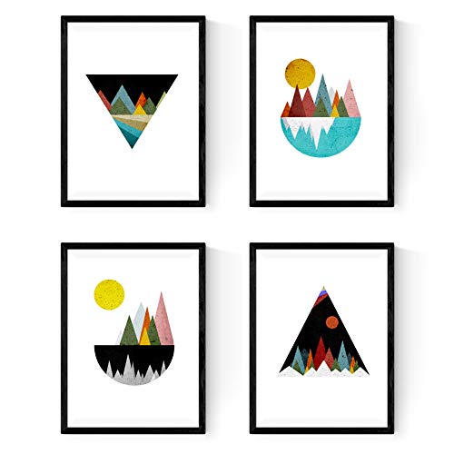 Nacnic Set de 4 láminas para enmarcar, Cuatro Posters con imágenes de Montañas geométricas. Láminas Estilo nordico. Decoración de hogar. (A4)