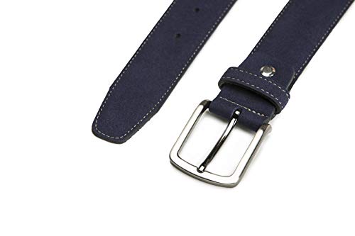 NAE Gava - Cinturón moderno y elegante en ante vegano sostenible liso y pulcro con hebilla de marco y una aguja en metal plateado con puntera en acabado simétrico (90 cm (36 pulgadas), Azul)