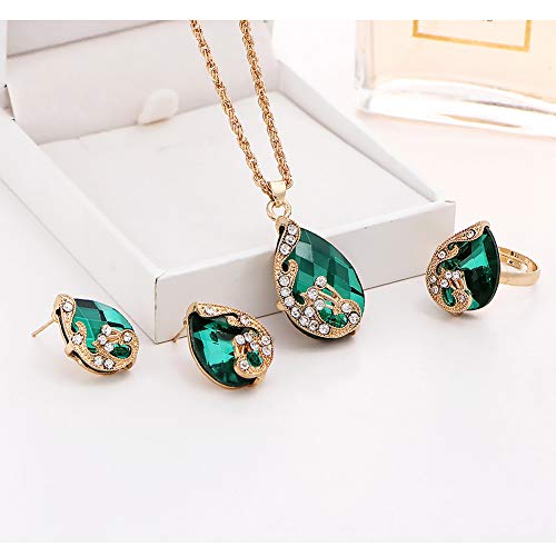 NaiCasy Austrian Crystal Water Drop de la joyería del Collar Pendiente Anillo cristalino del Pavo Real del Pendiente de los Pernos prisioneros para señoras de Las Mujeres Conjunto de 3 Verde