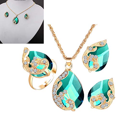 NaiCasy Austrian Crystal Water Drop de la joyería del Collar Pendiente Anillo cristalino del Pavo Real del Pendiente de los Pernos prisioneros para señoras de Las Mujeres Conjunto de 3 Verde
