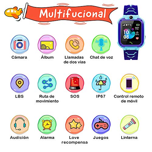 NAIXUES Smartwatch Niños, Reloj Inteligente Niño IP67, LBS, Hacer Llamada, Chat de Voz, SOS, Modo de Clase, Cámara, Juegos, Regalo para Niños de 3-12 años, soporta 2G Tarjetas Micro SIM (Azul)