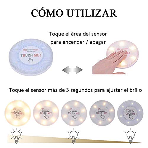 Najiny Lámpara de Toque de Nocturna 6 Sensor Regulable Táctil LED de Luz Inalámbrica Touch Light Pegar en la Pared Techo,Dormitorio, Garajes, Espacio Oscuro,Iluminación Ligero y Pequeño-Luz Blanca