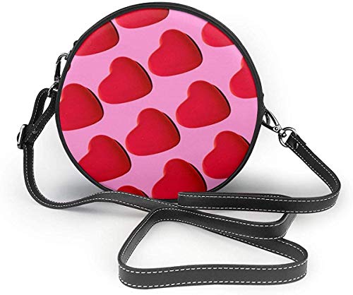 naotaori Bolso redondo mujer Valentine's Day Red Hearts Women Soft Leather Round Shoulder Bag Zipper Circle Purses Sling Bag