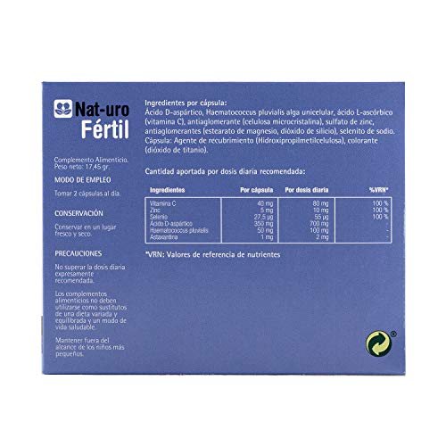 Nat-uro Fértil - Producto natural para la fertilidad masculina y reproducción a base de Astaxntina, Ácido D-Aspártico y Zinc - 30 cápsulas
