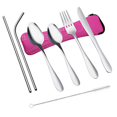 NATUCE 8PCS Cubiertos, Cubiertos de Camping de Acero Inoxidable, Picnic Cubiertos Trabajo, Cubiertos Oficina con Estuche de Neopreno, Cuchillo, Tenedor, Cuchara,Pajitas,Cepillo de Limpieza (C)