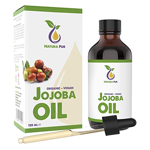 NATURA PUR Aceite de Jojoba Puro Bio 120 ml - Aceite Vegetal 100% Orgánico, Prensado en Frío, Vegano de Israel - Sérum Antiedad, Antiarrugas Facial y Corporal Para Cabello, Piel, Uñas y Barba