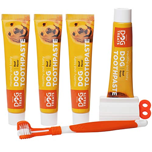 Natural Dog Treats Cepillo y 4X Dentífrico Set para Perros, Set Higiene Dental, Pasta de Dientes Sabor a Carne, Cuidado Dental Comestible