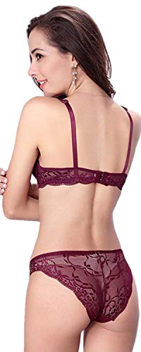 Nature Mujer Delgado De encaje Push Up 3/4 Taza de Sujetador y Bragas Conjuntos - (Vino rojo ES-95C)