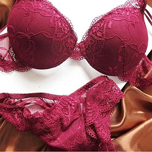 Nature Mujer Delgado De encaje Push Up 3/4 Taza de Sujetador y Bragas Conjuntos - (Vino rojo ES-95C)