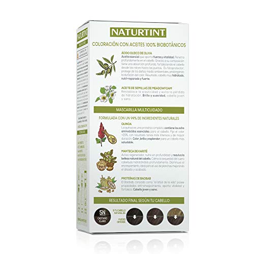 Naturtint Coloración 5N Castaño Claro, 100% Cobertura de canas y Hidratación, Ingredientes Vegetales y Aceites 100% Biobotánicos, Color Natural y Duradero, Sin Amoniaco, Pack de 3.