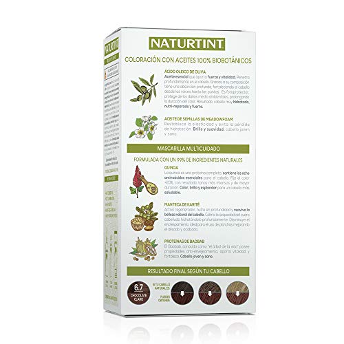 Naturtint Coloración 6.7 Chocolate Claro, 100% Cobertura de canas y Hidratación, Ingredientes Vegetales y Aceites 100% Biobotánicos, Color Natural y Duradero, Sin Amoniaco, Pack de 3