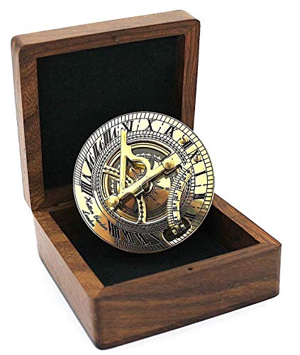 Nautical Replica Hub Reloj de Sol y brújula de latón Macizo en Caja de Madera – brújula de latón Pulido