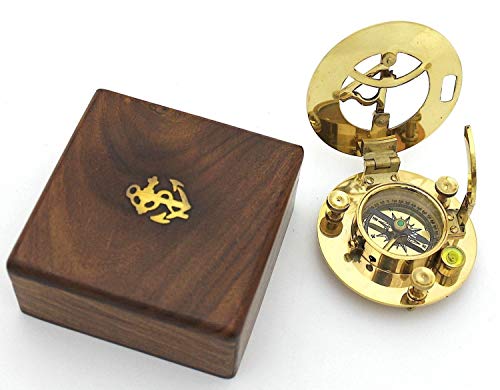 Nautical Replica Hub Reloj de Sol y brújula de latón Macizo en Caja de Madera – brújula de latón Pulido