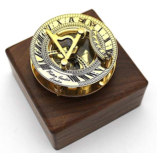 Nautical Replica Hub Reloj de Sol y brújula de latón Macizo en Caja de Madera – brújula de latón Pulido