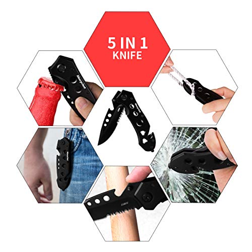 Navaja morpilot Navaja 5 en 1 Multiusos, con Afilador de Cuchillo, Navaja Caza Pesca, Cuchillo Supervivencia Acero Inoxidable, con Silbato y Brújala, para Actividades Exteriores