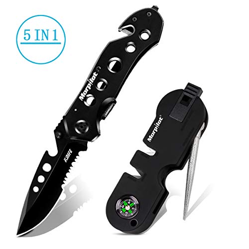 Navaja morpilot Navaja 5 en 1 Multiusos, con Afilador de Cuchillo, Navaja Caza Pesca, Cuchillo Supervivencia Acero Inoxidable, con Silbato y Brújala, para Actividades Exteriores